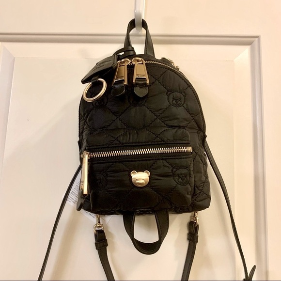 🐻 MOSCHINO Black Teddy Bear Stud Convertible Quilted Mini Backpack Crossbody - Picture 6 of 14